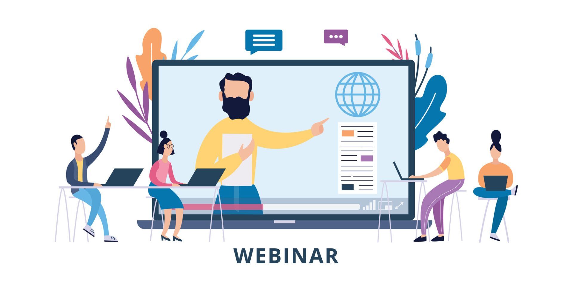 Online webinar or seminar with cartoon people flat vector illustration isolated.