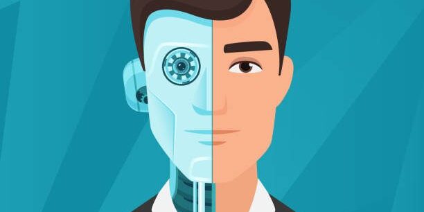 Half cyborg, half human man businessman vector illustration